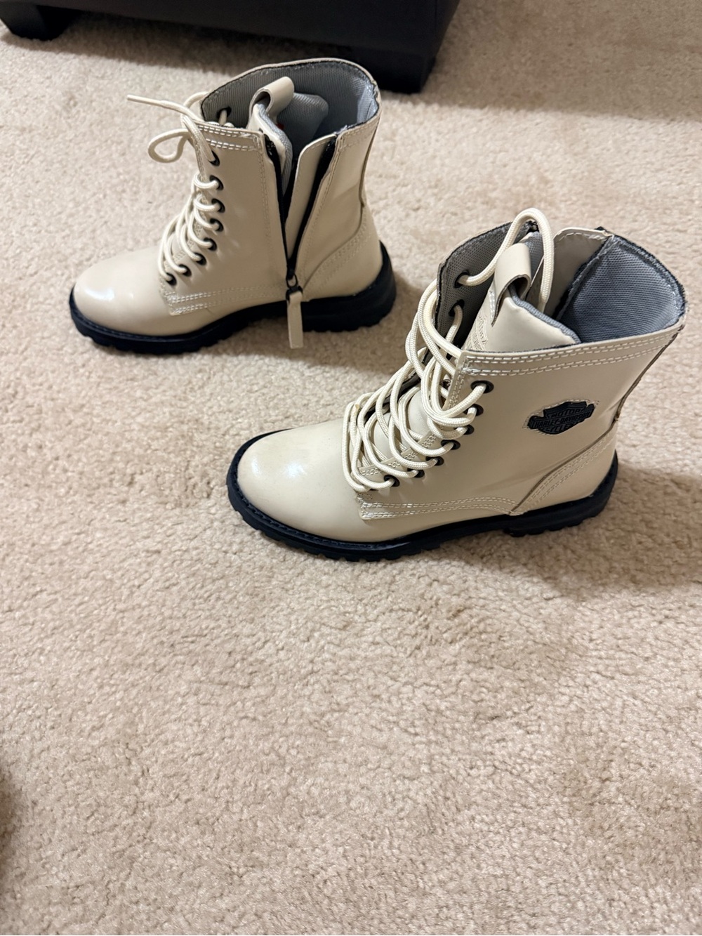 Harley-Davidson Kids Cream Lace-Up Combat Boots with Black Sole